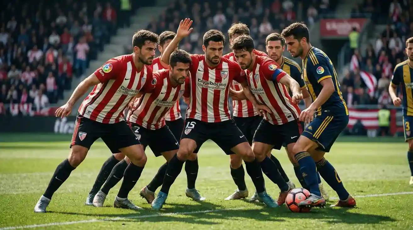 Jugadores del Athletic Club en formación defensiva durante un partido fuera de casa
