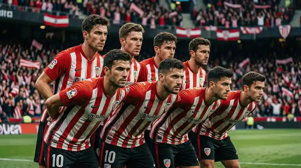 Jugadores del Athletic Club formando antes de un partido en San Mamés