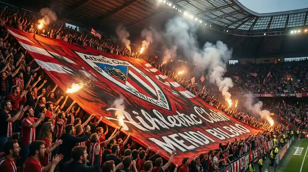 Afición del Athletic Club en San Mamés durante el derbi vasco