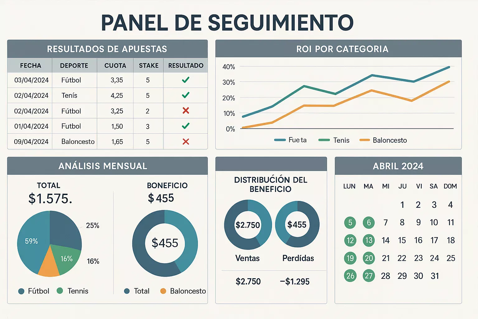 Dashboard de tracking y análisis mensual de resultados de apuestas deportivas