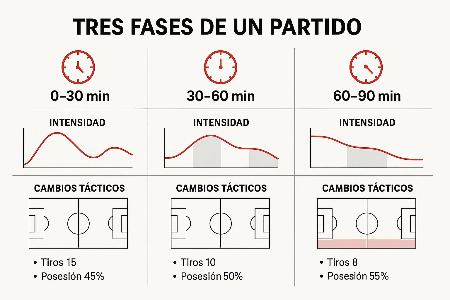 Tres fases del partido del Athletic Club - estrategia de timing 0-30, 30-60 y 60-90 minutos