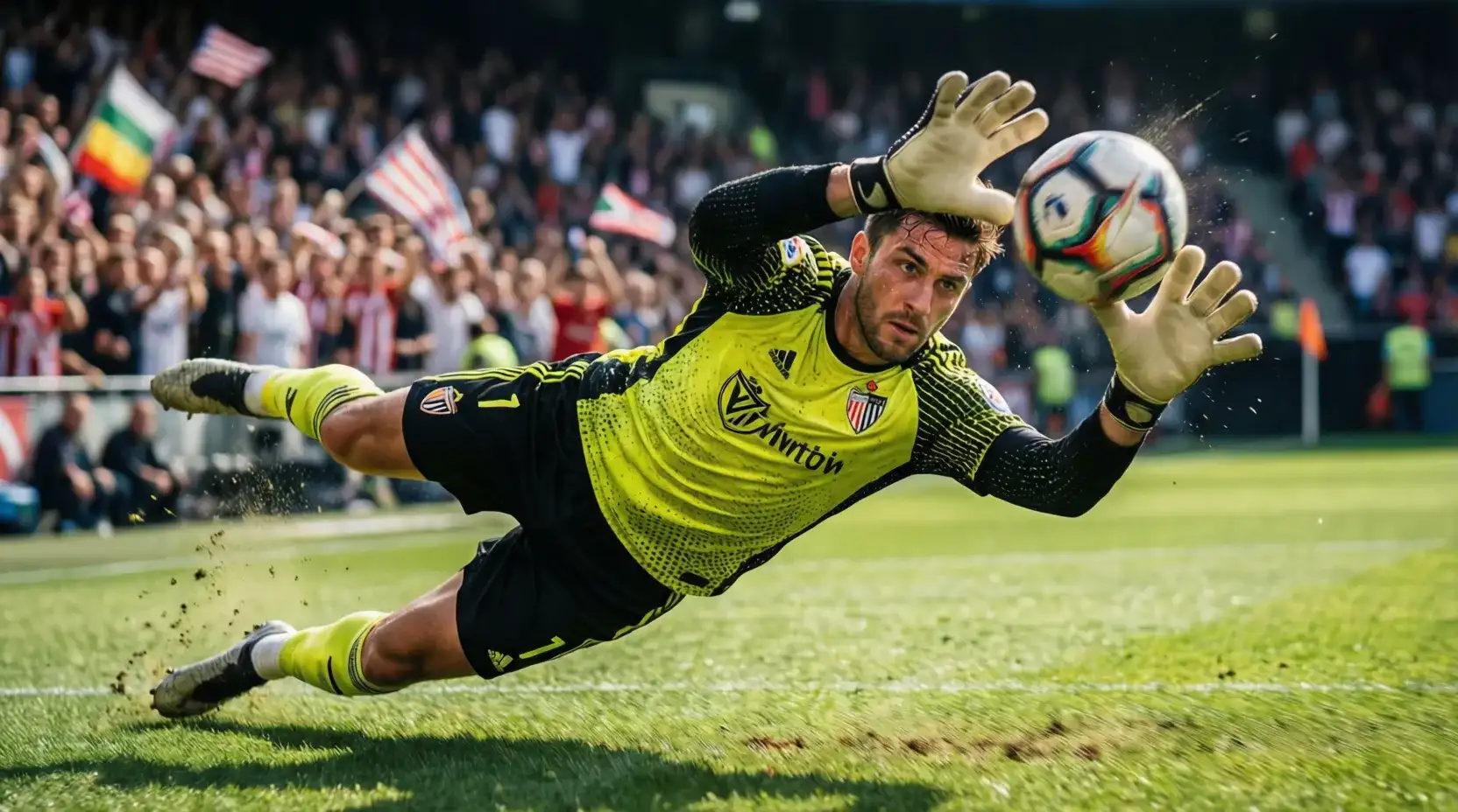 Unai Simón realizando una parada espectacular en un partido